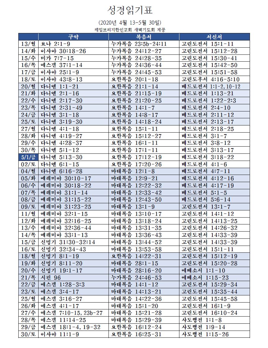 2020년 4월-5월 새벽기도회 성경읽기표